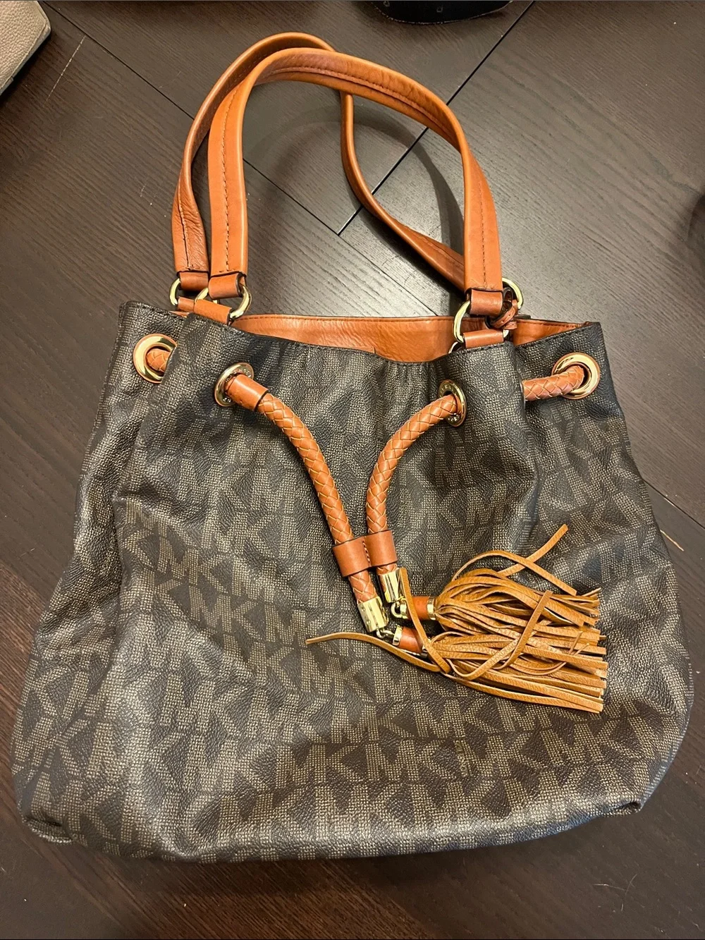 Michael Kors Brown MK Logo Drawstring Shoulder Bag with Tan Trim